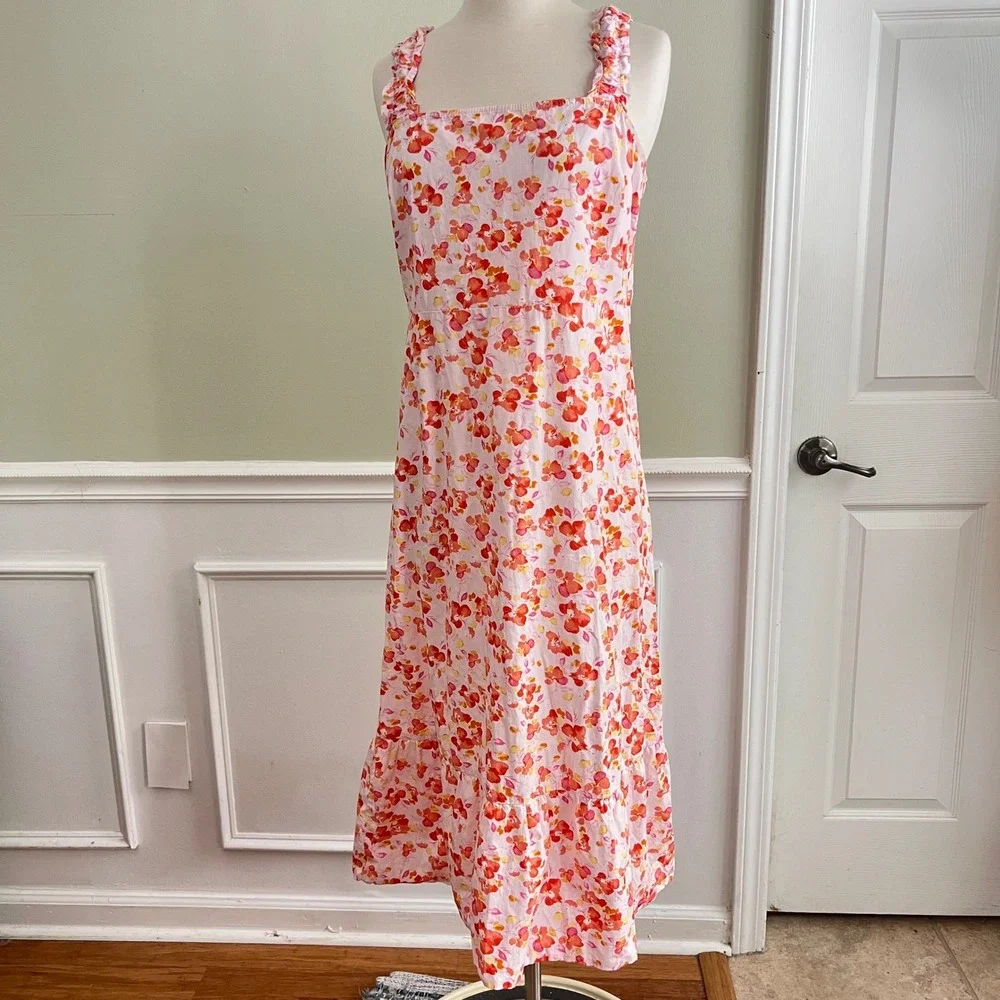Floral Midi Dress Womens‎ PM or S/M Ruffle Strap Cotton Pink Orange  Sundress
